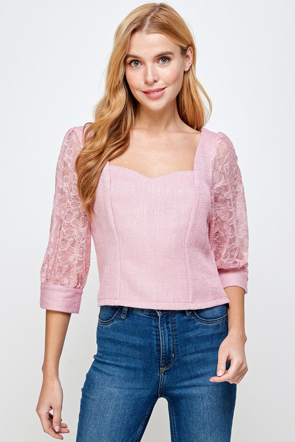 BLUSA ROSA TRANSPARENCIA EN MANGAS